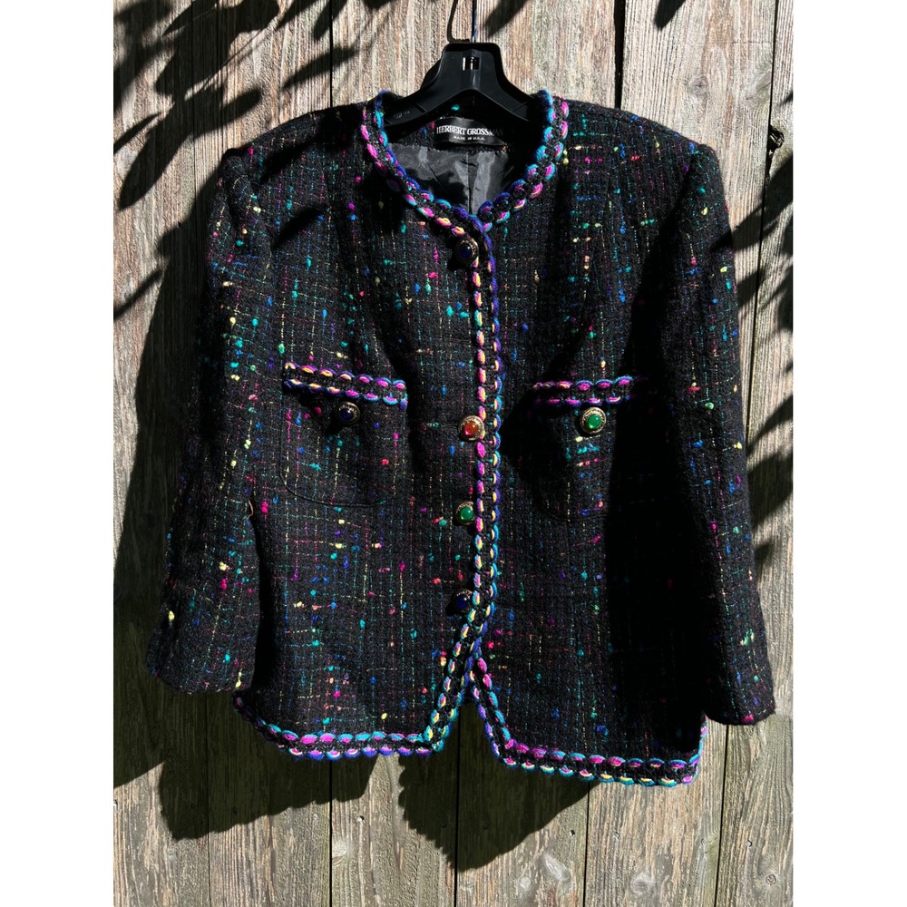NWT VTG Herbert Grossman Black/ MulTweed Skirt Suit Set with Jeweled Buttons 16